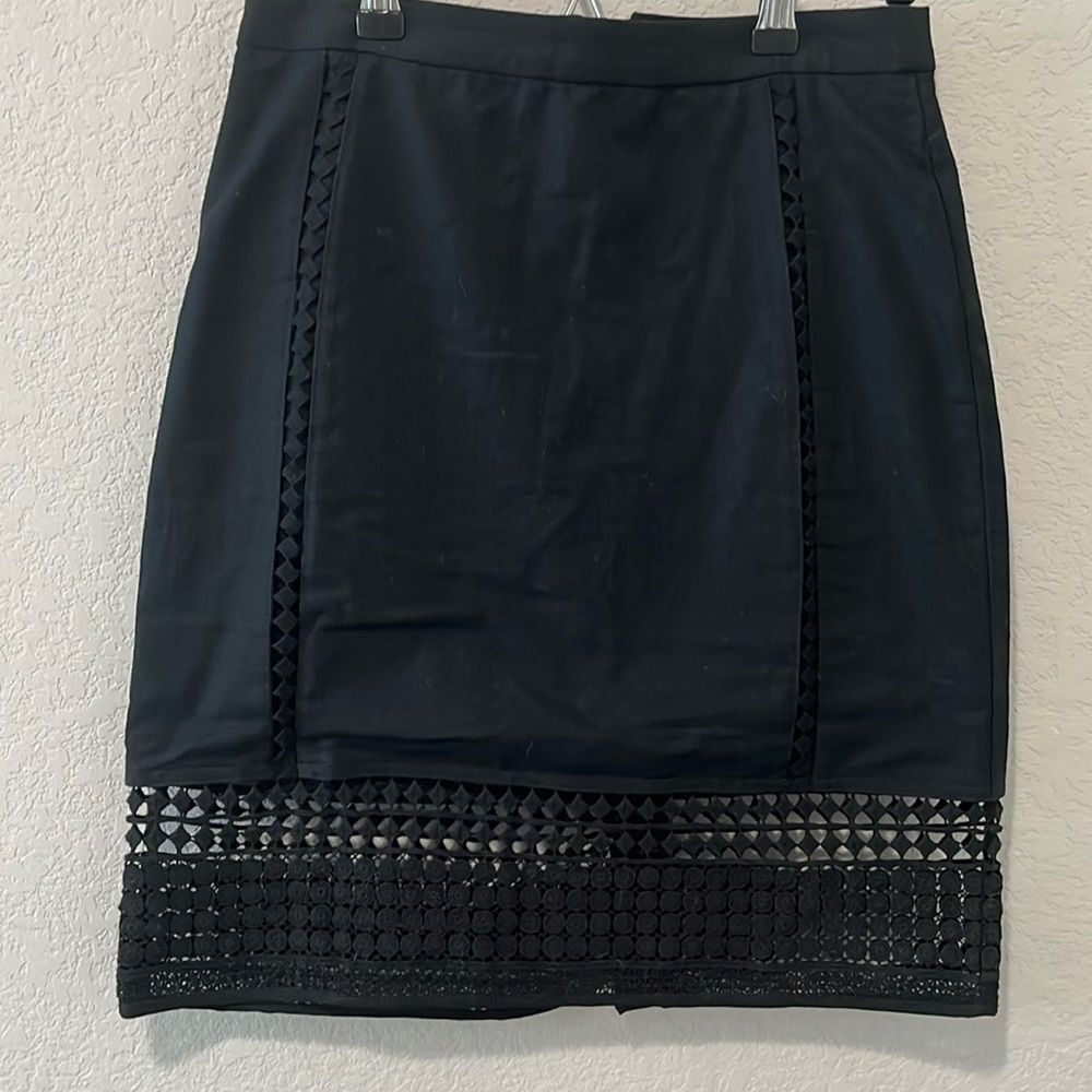 J.CREW Black Linen Pencil Shirt with Crochet Detailing, Size 2P